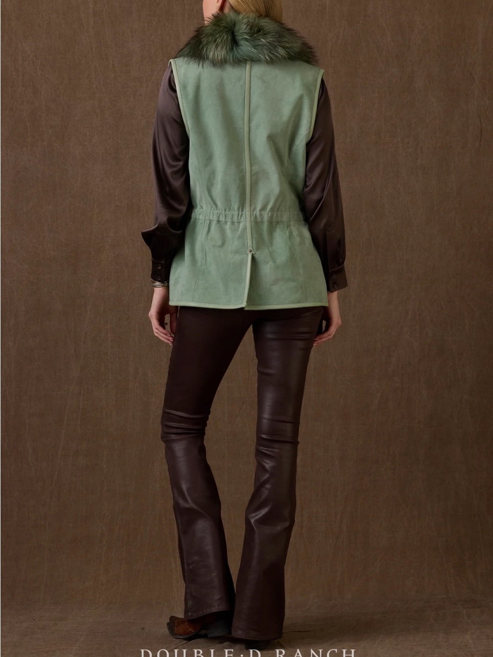 Double D Ranch Forest Green Suede Hondo Vest with Plush Fur Collar - Picture 2 of 7